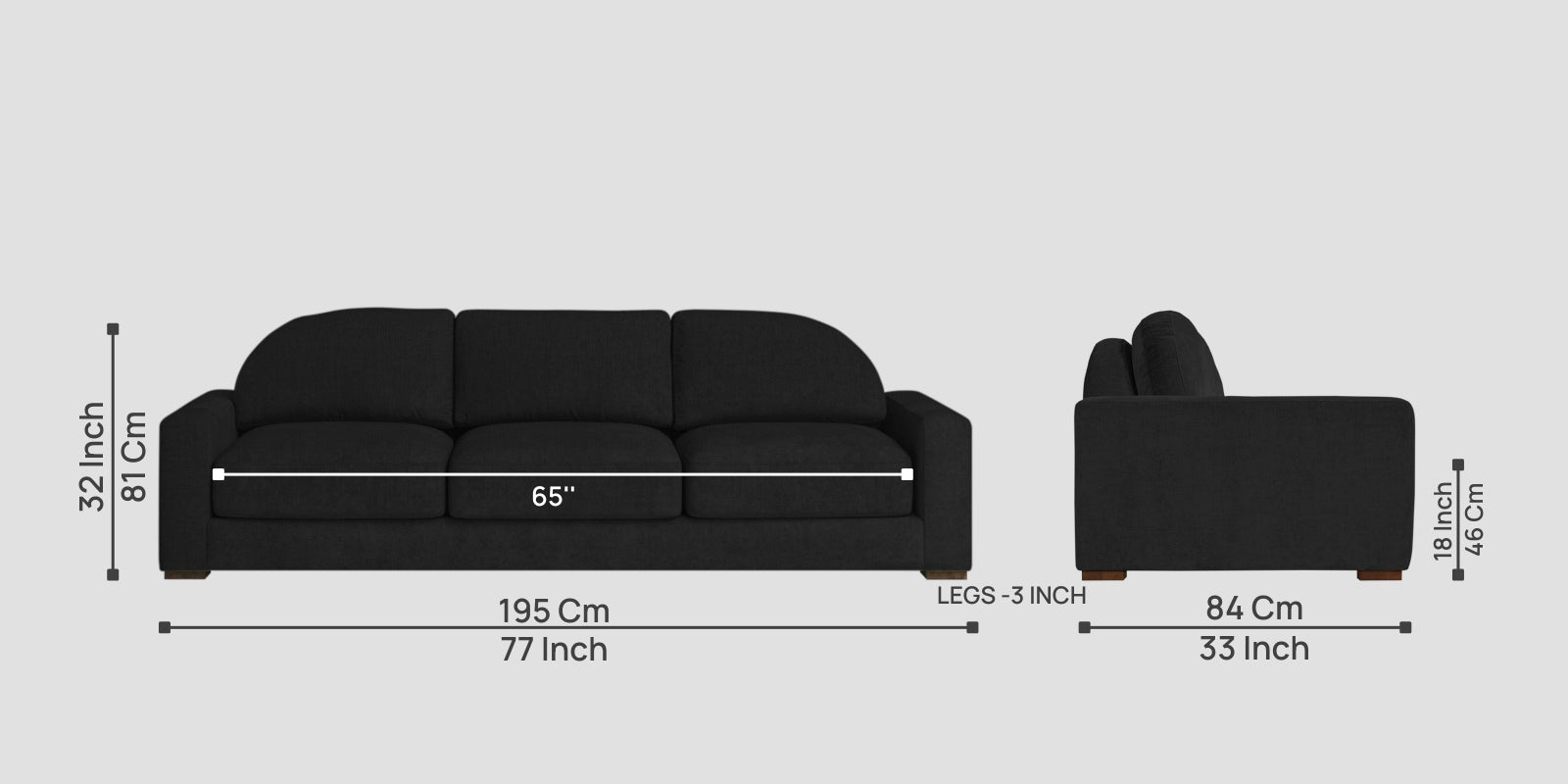 Dara Fabric 3 Seater Sofa In Zed Black Colour - Febonic Living