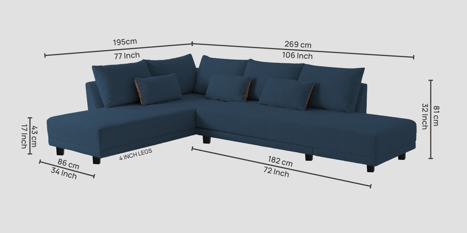 Ira Boucle Fabric RHS 6 Seater Convertible Sofa Cum Bed In Classic Blue Colour - Febonic Living