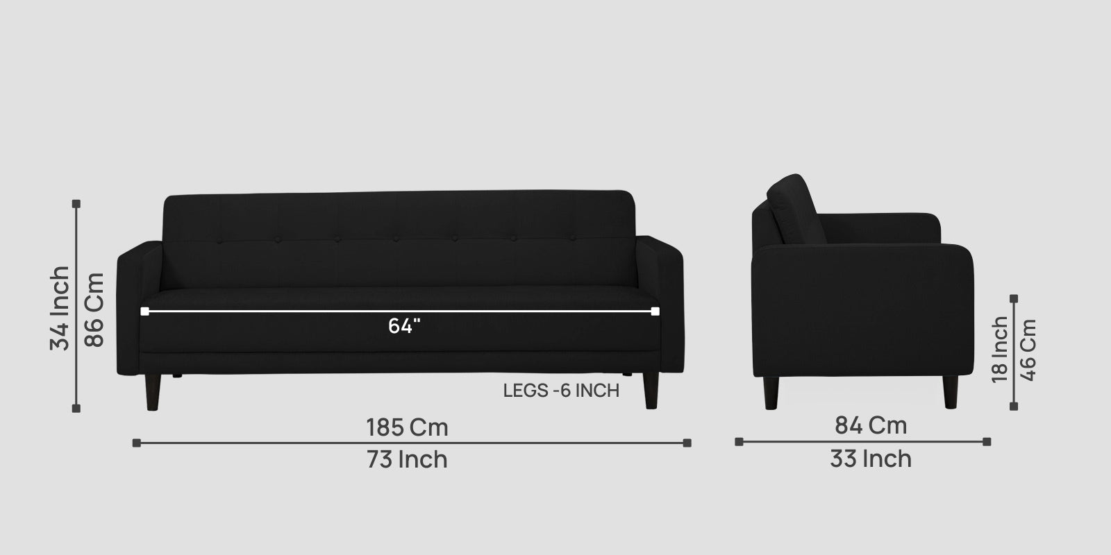 Noha Fabric 3 Seater Sofa In Zed Black Colour