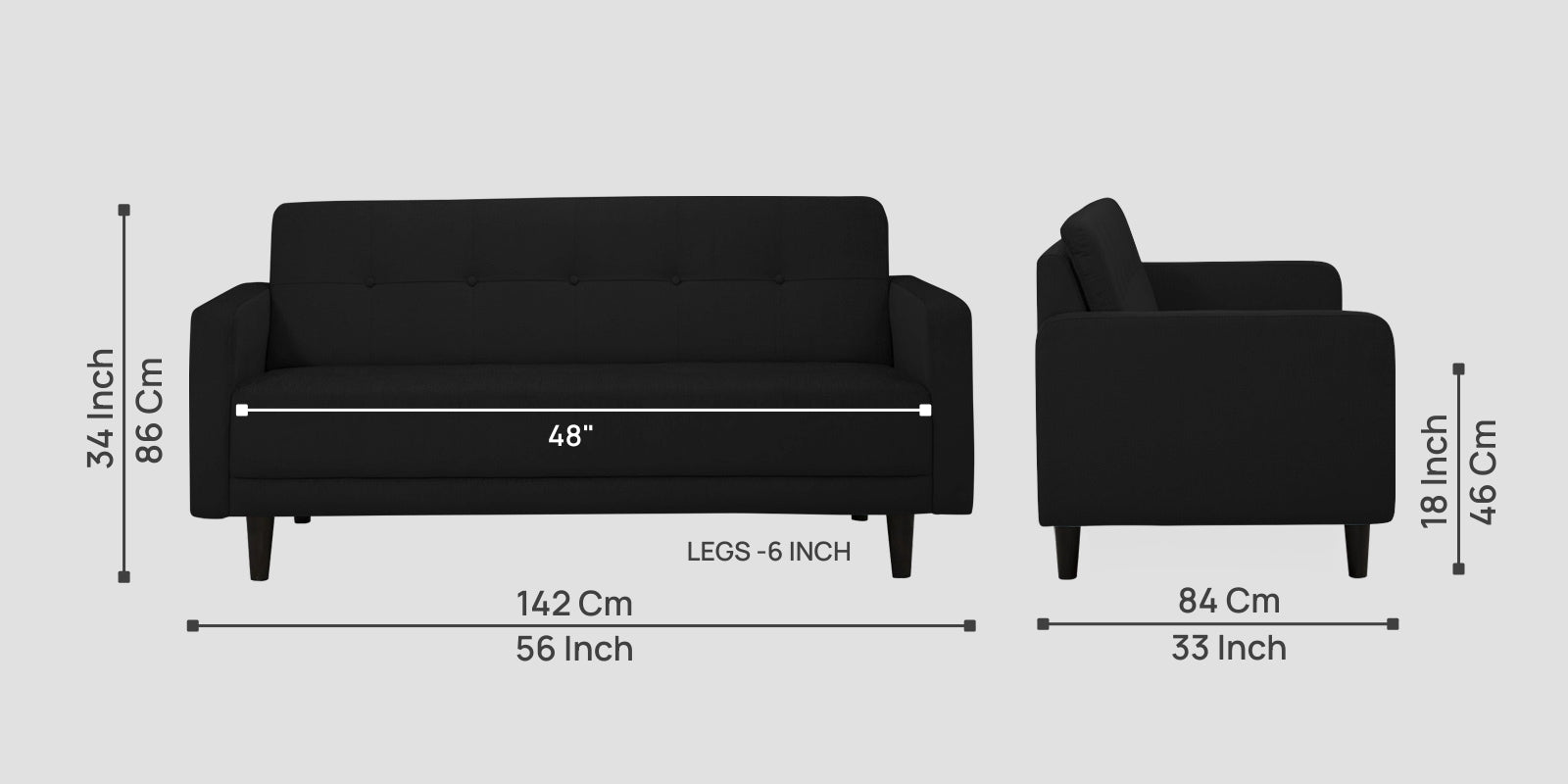 Noha Fabric 2 Seater Sofa In Zed Black Colour - Febonic Living