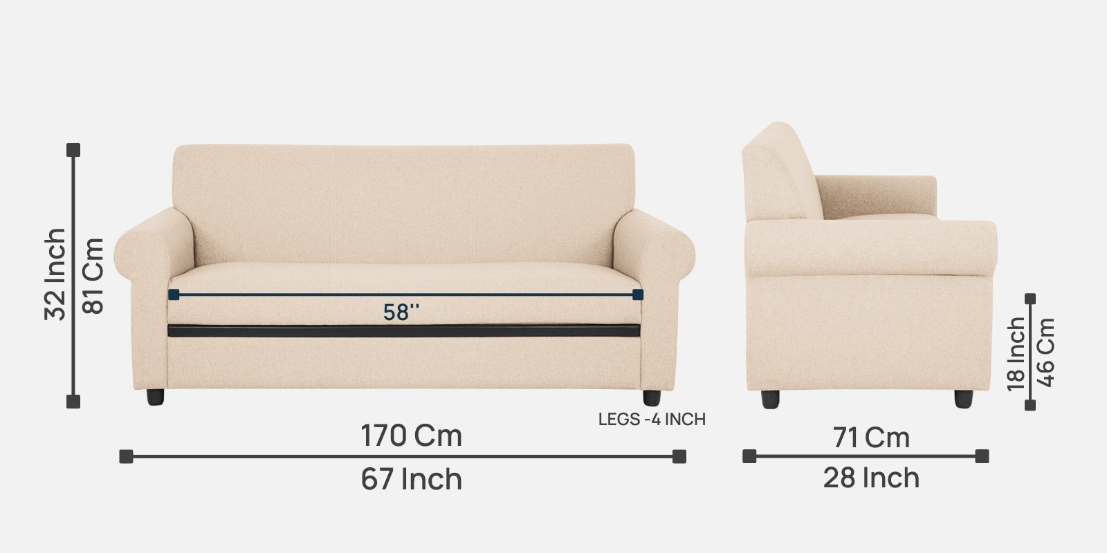 Ribby Fabric 3 Seater Sofa in Woom Beige Colour