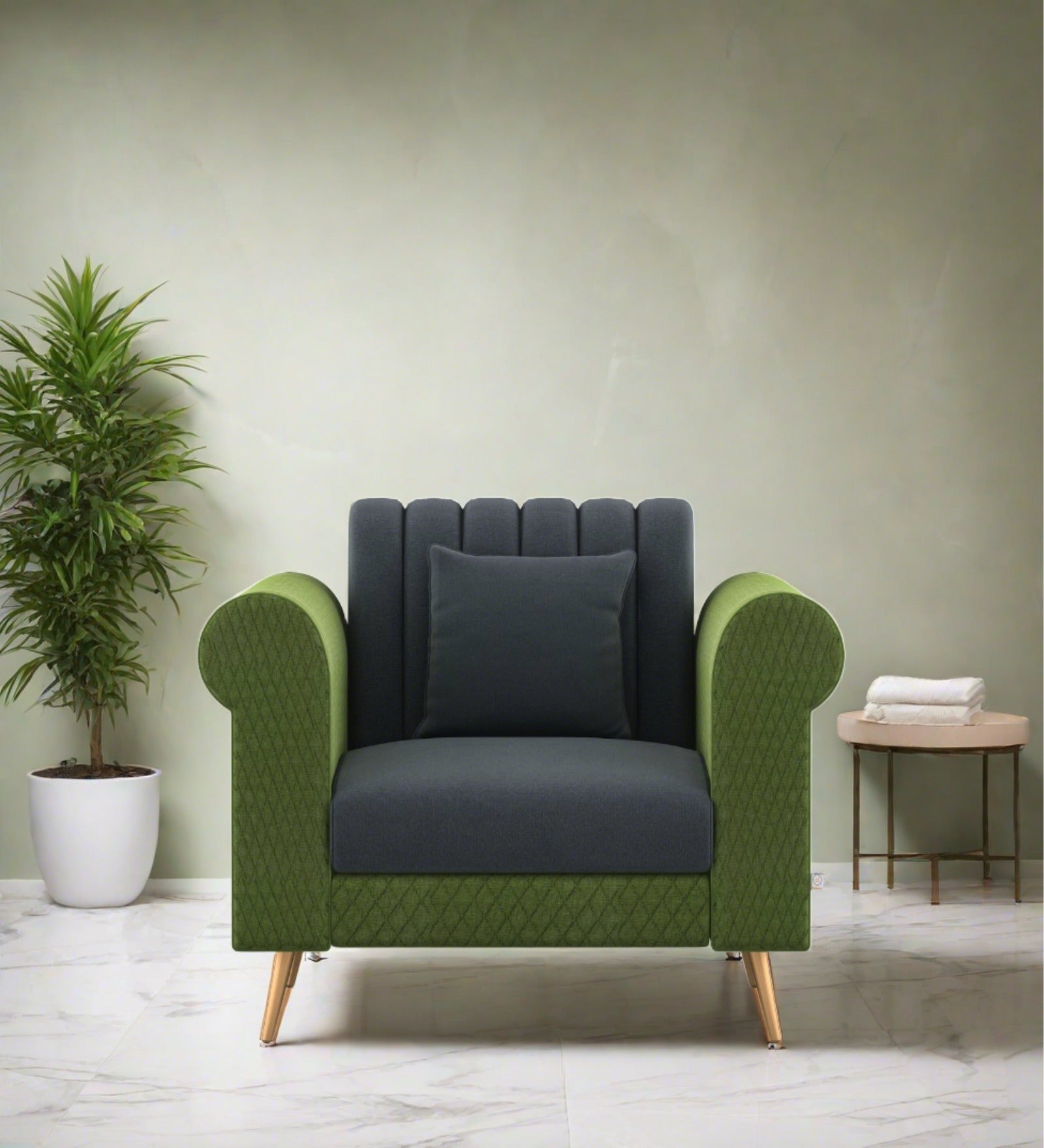 Fidel Fabric 1 Seater Sofa In Olive Green and Charcoal Grey Colour