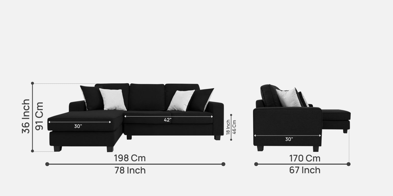 Ladybug Fabric RHS Sectional Sofa (2+Lounger) In Zed Black Colour - Febonic Living