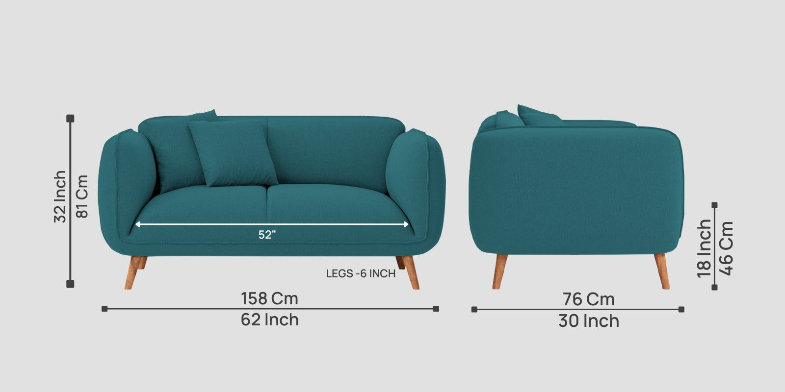 Zia Fabric 2 Seater Sofa In Water Blue Colour - Febonic Living