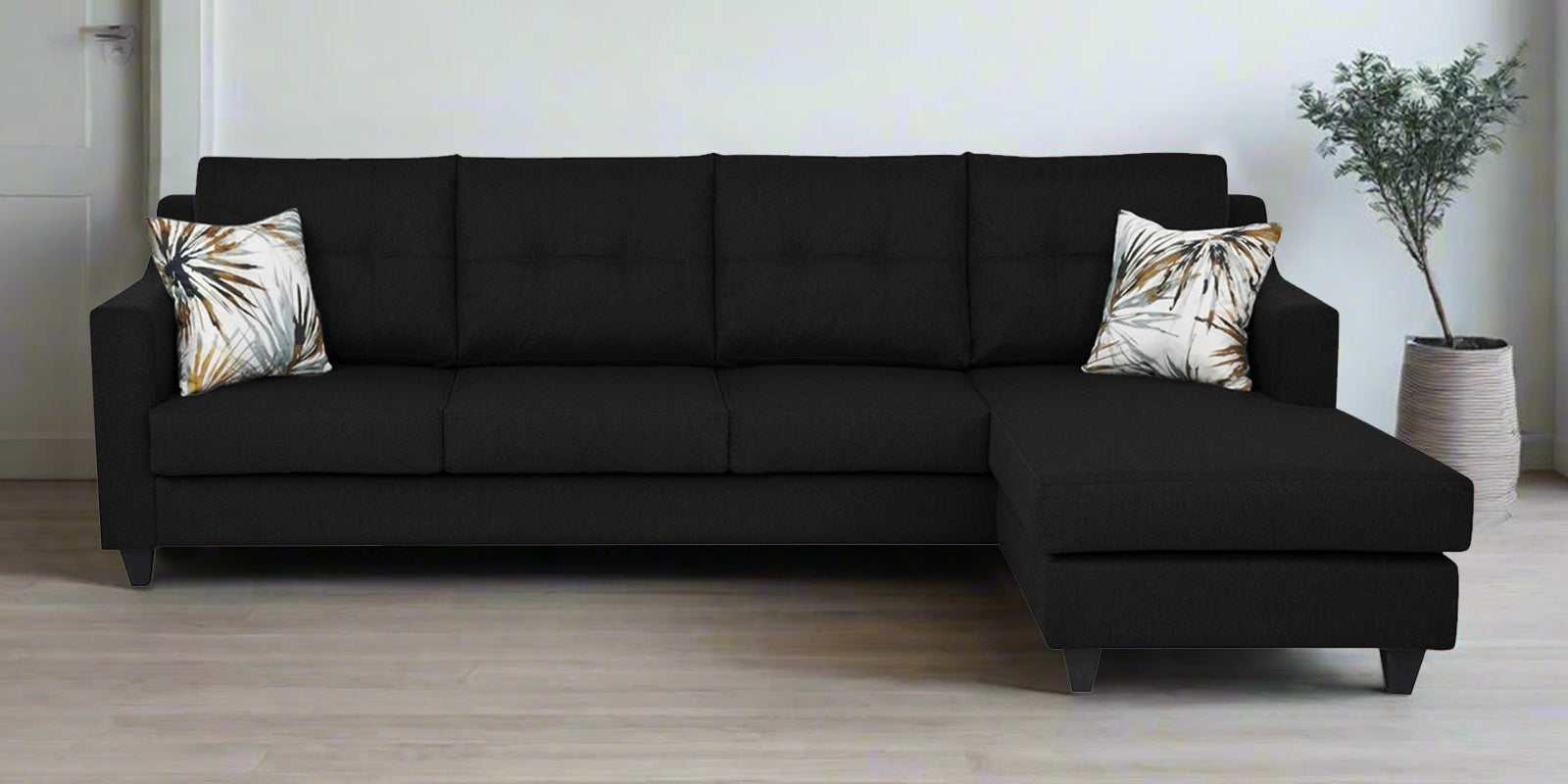 Welly Fabric LHS Sectional Sofa (3+Lounger) In Zed Black Colour - Febonic Living
