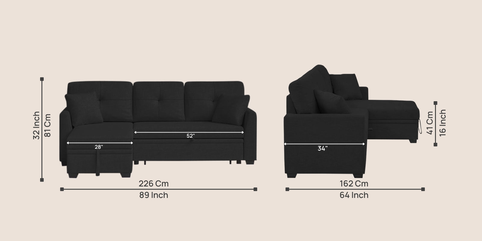 Jody Fabric 3 Seater Pull Out Sofa Cum Bed In Zed Black Colour With Storage - Febonic Living