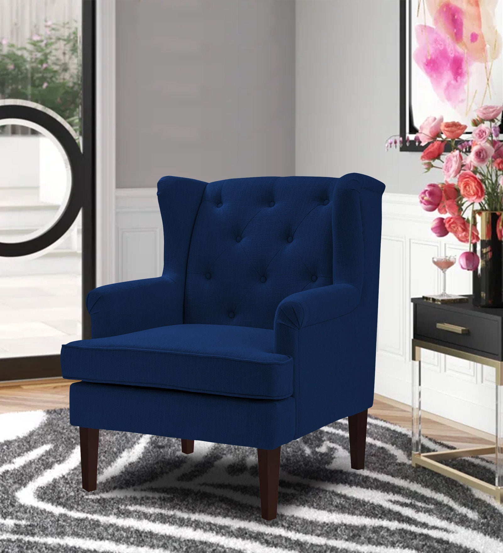 Deyuk Fabric Wing Chair In Royal Blue Colour - Febonic Living