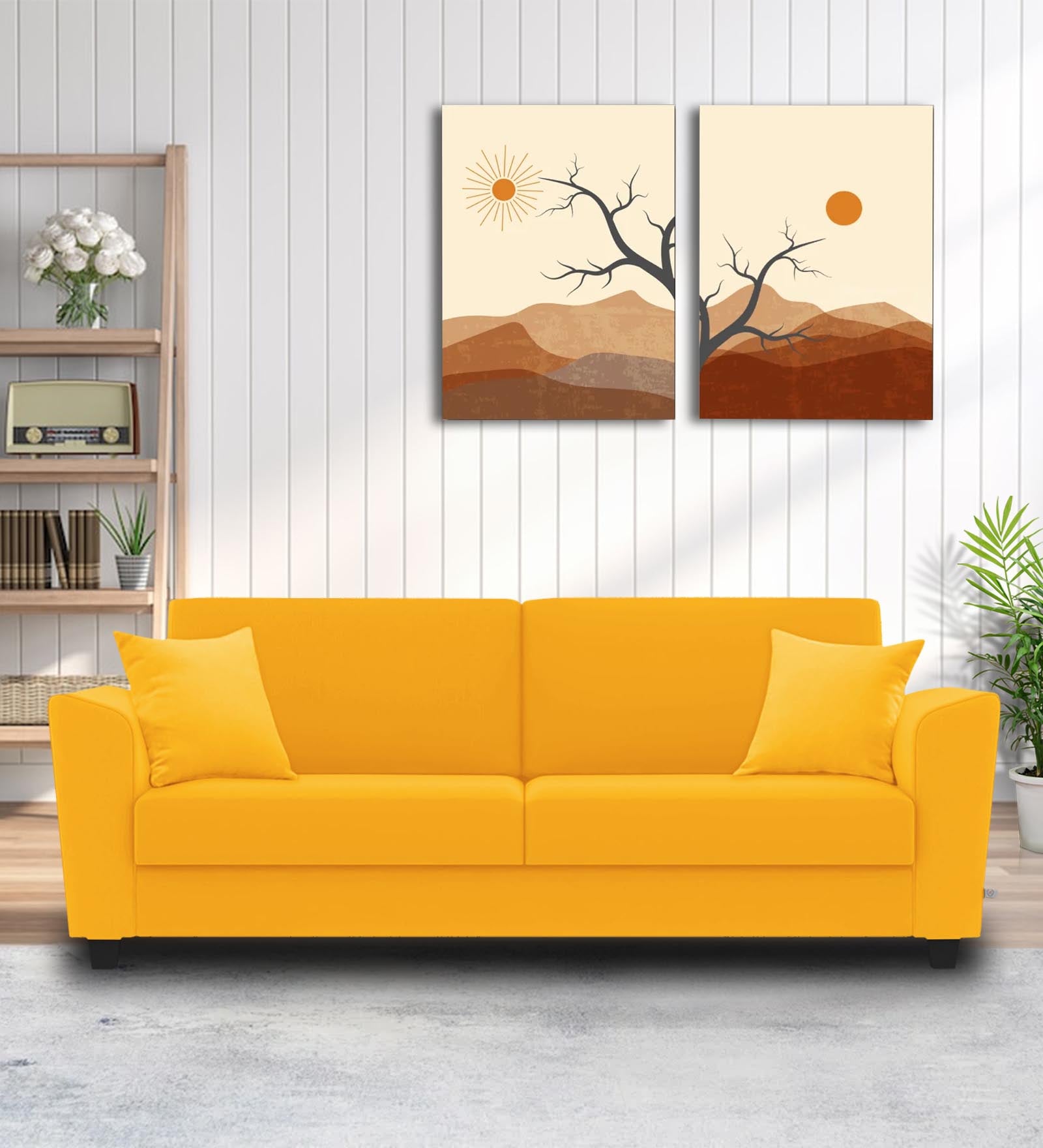 Daku Fabric 3 Seater Sofa In Bold Yellow Colour - Febonic Living