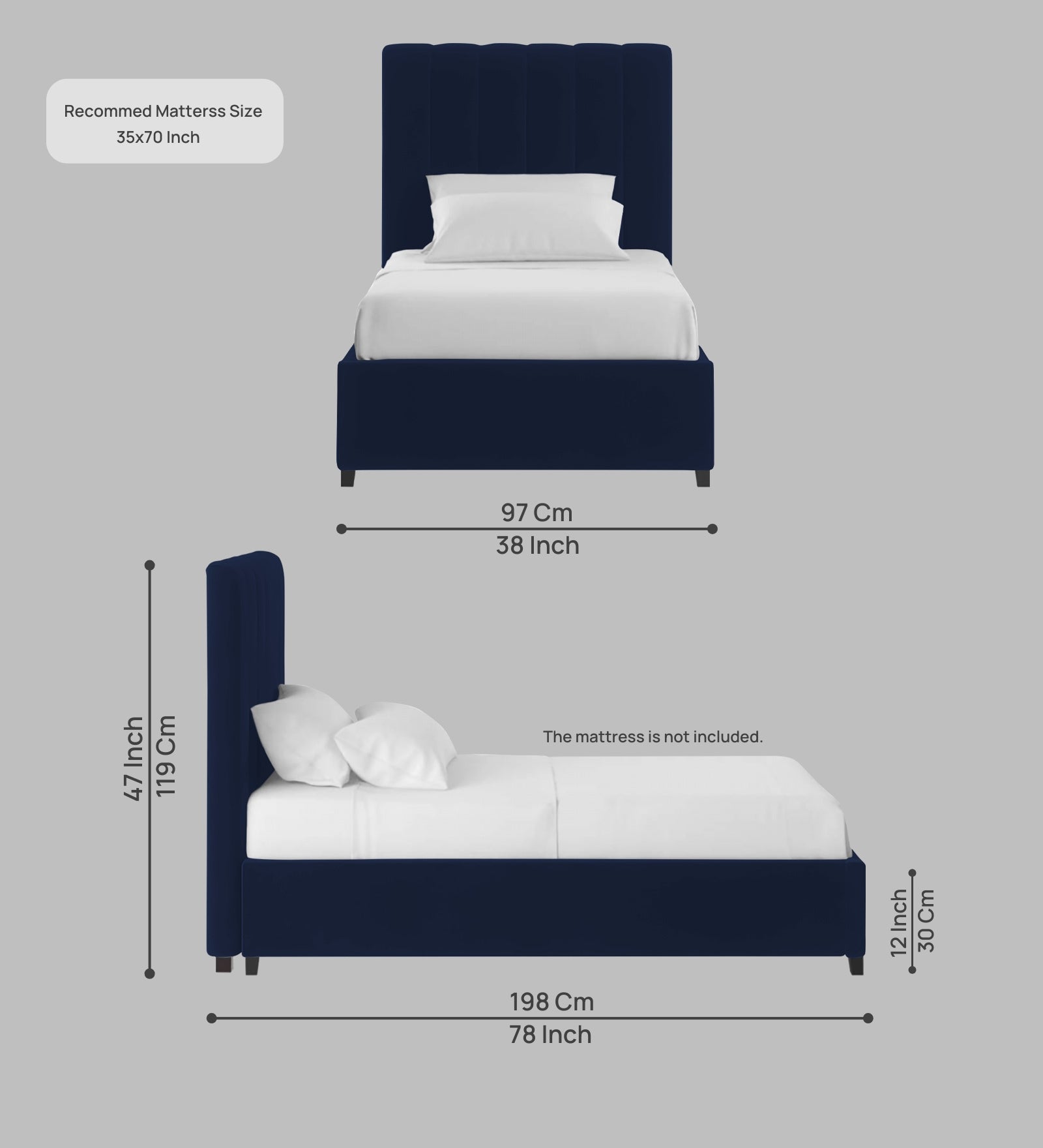 Lara Velvet Upholstered Single Bed in Indigo Blue Colour - Febonic Living