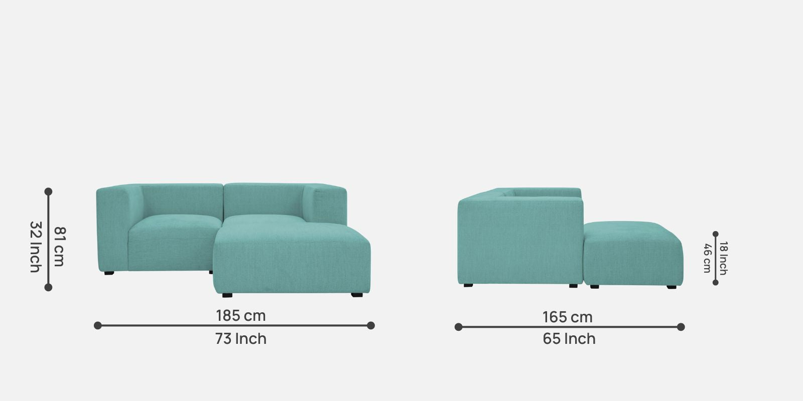 Dora Velvet LHS Sectional Sofa (2+Ottoman Lounger) In Barmunda Aqua Colour - Febonic Living