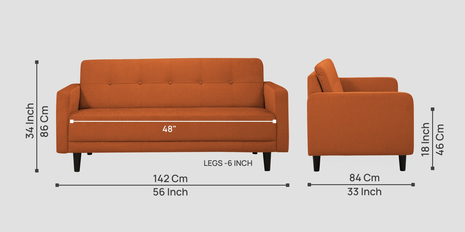 Noha Fabric 2 Seater Sofa In Vivid Orange Colour - Febonic Living