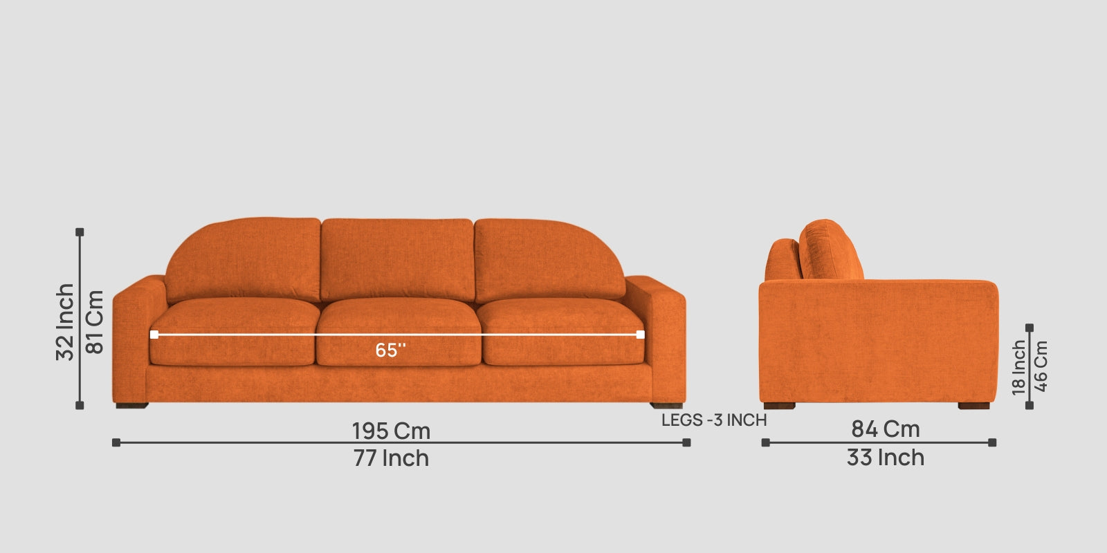 Dara Fabric 3 Seater Sofa In Vivid Orange Colour