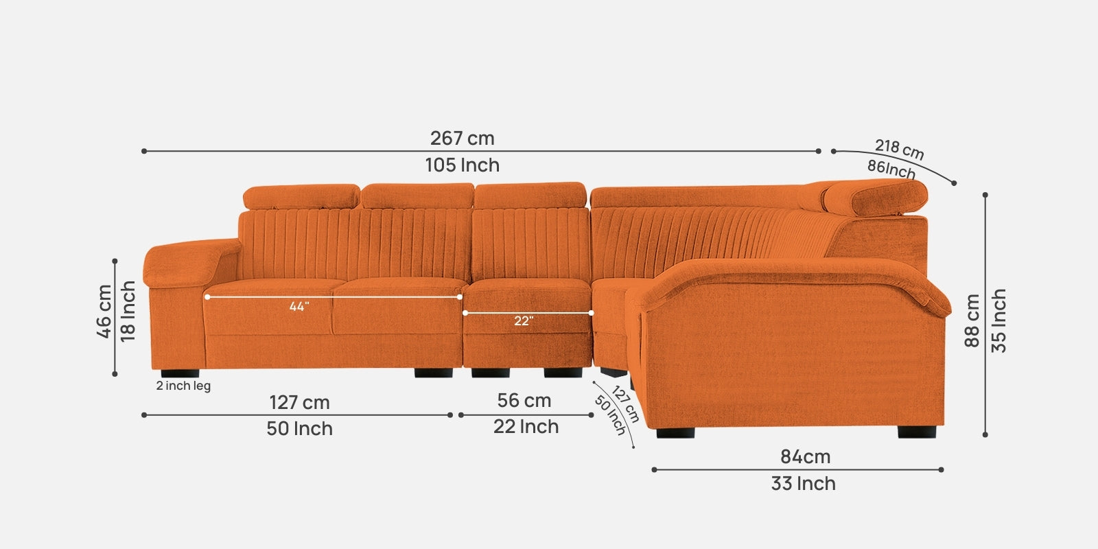 Draco Fabric 6 Seater Corner Sofa In Vivid Orange Colour - Febonic Living