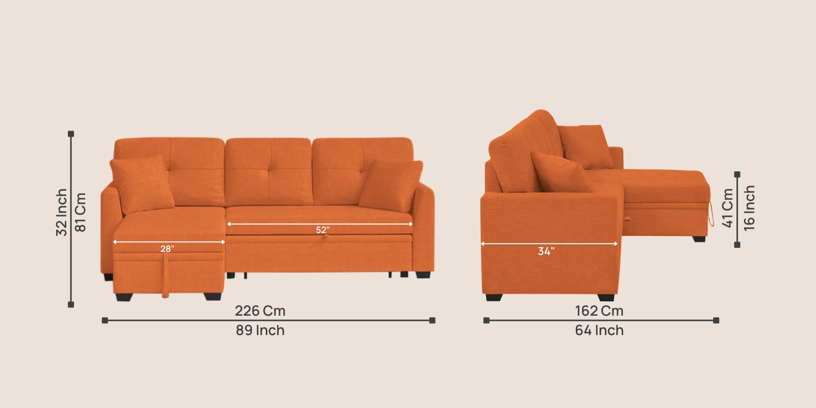 Jody Fabric 3 Seater Pull Out Sofa Cum Bed In Vivid Orange Colour With Storage - Febonic Living