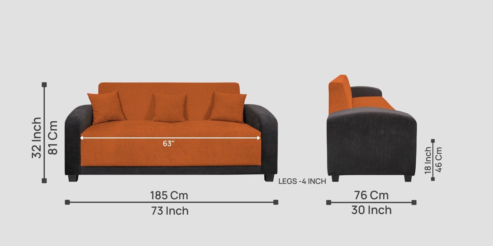 Alex Fabric 3 Seater Sofa In Vivid Orange Colour - Febonic Living