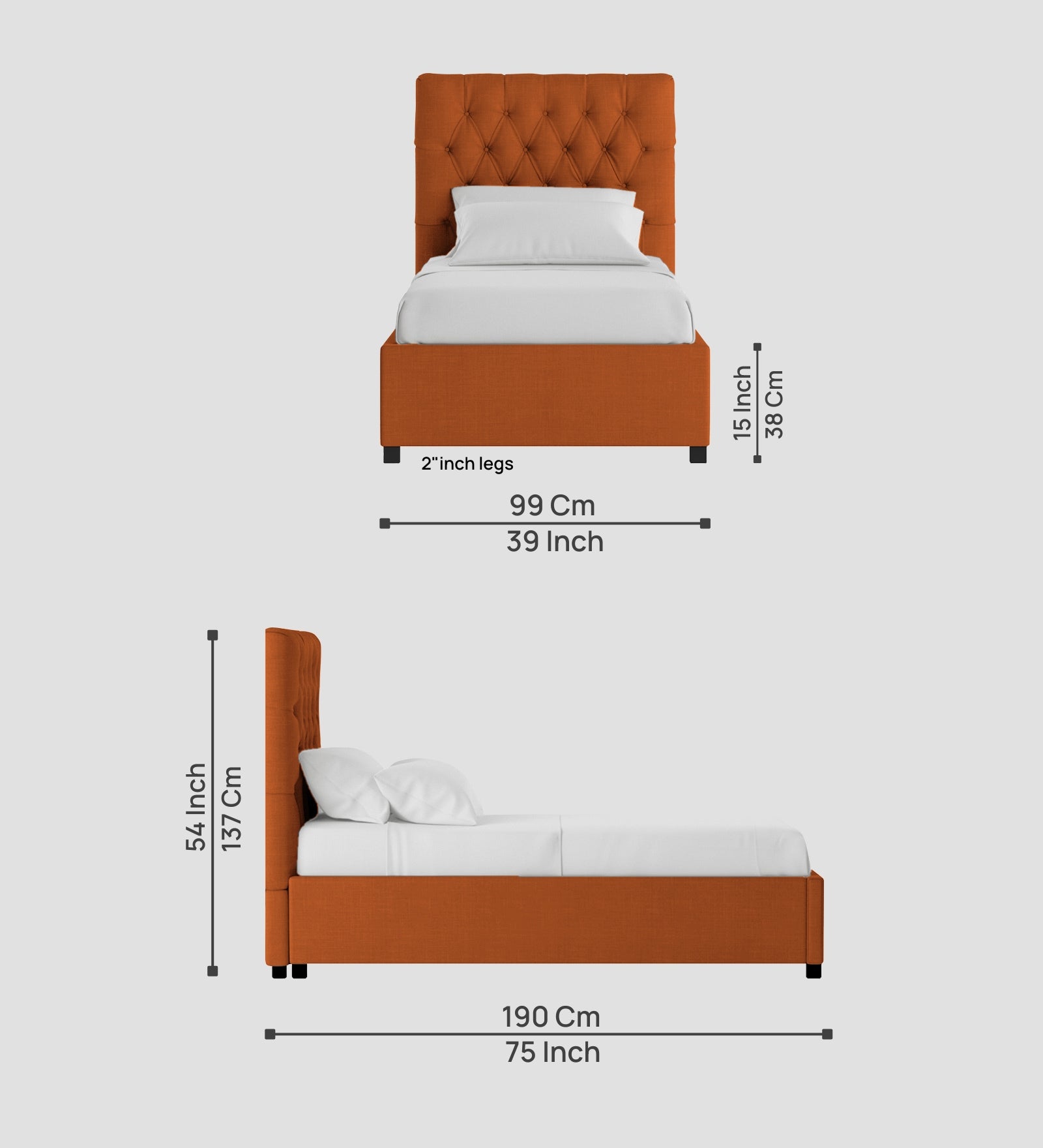 Isko Fabric Upholstered Single Bed in Vivid Orange Colour with Box Storage - Febonic Living