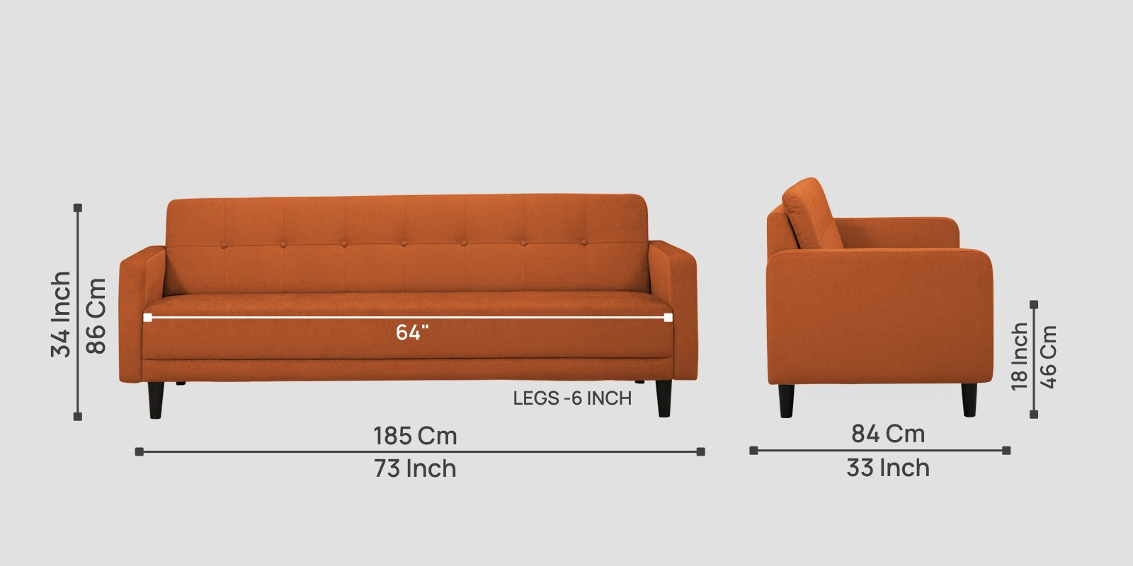 Noha Fabric 3 Seater Sofa In Vivid Orange Colour - Febonic Living