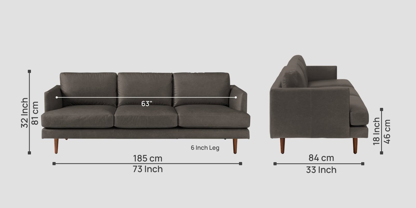 Sterio Leatherette 3 Seater Sofa in Shark Grey Colour
