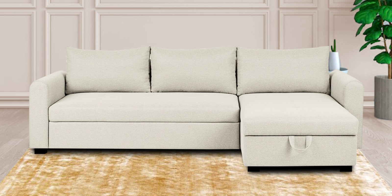 Sigma Fabric LHS Sectional Sofa (3+Lounger) In Ivory Cream Colour - Febonic Living