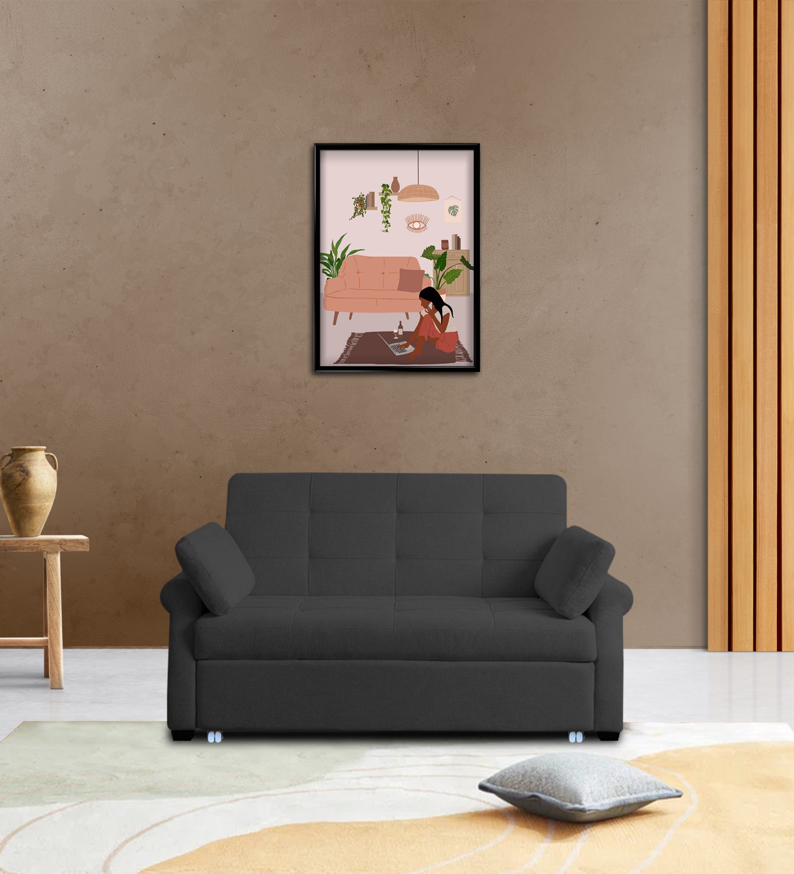 Fornia Fabric 3 Seater Pull Out Sofa Cum Bed In Charcoal Grey Colour - Febonic Living