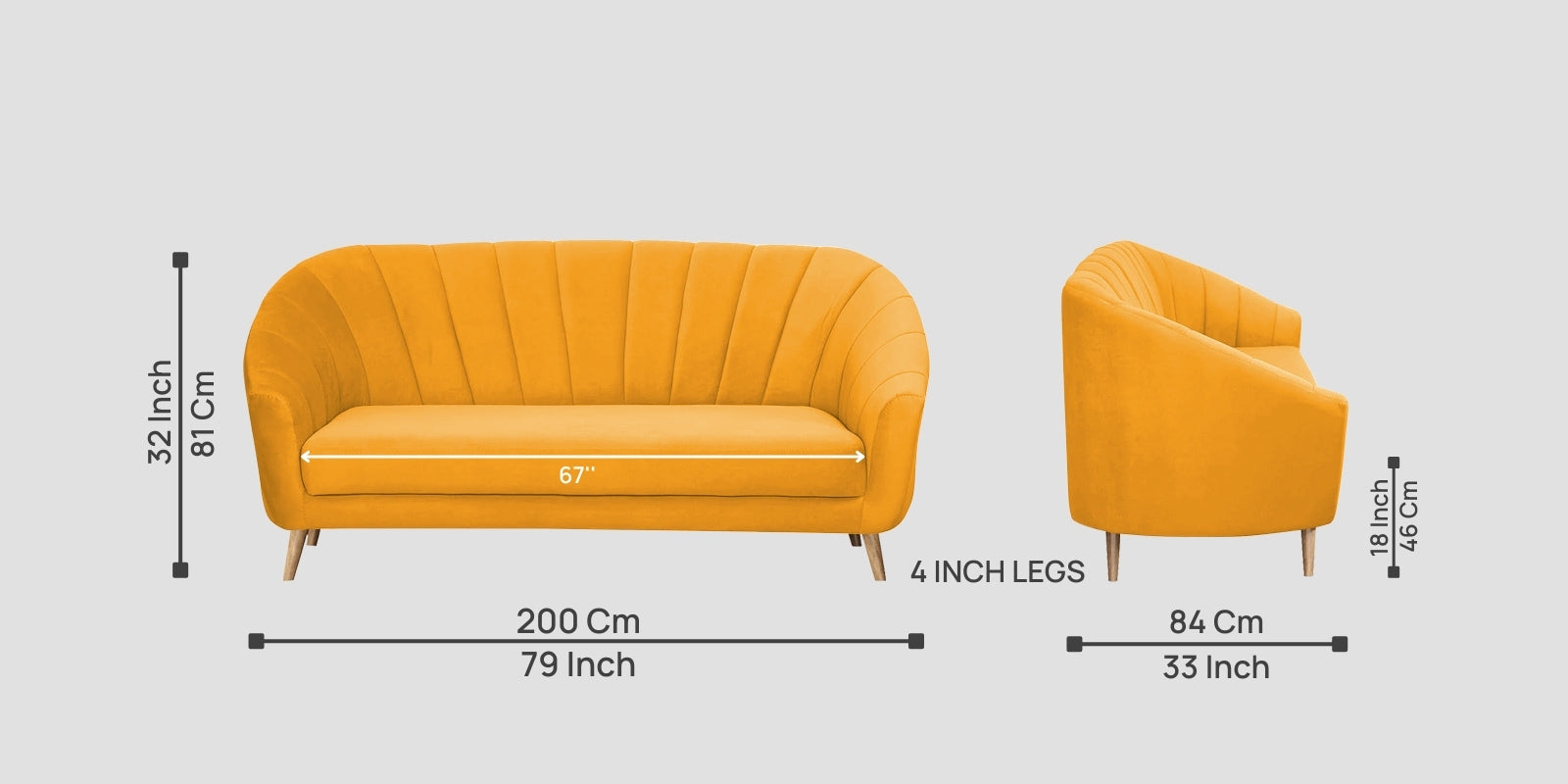 Kaylee Velvet 3 Seater Sofa In Safforn Yellow Colour - Febonic Living