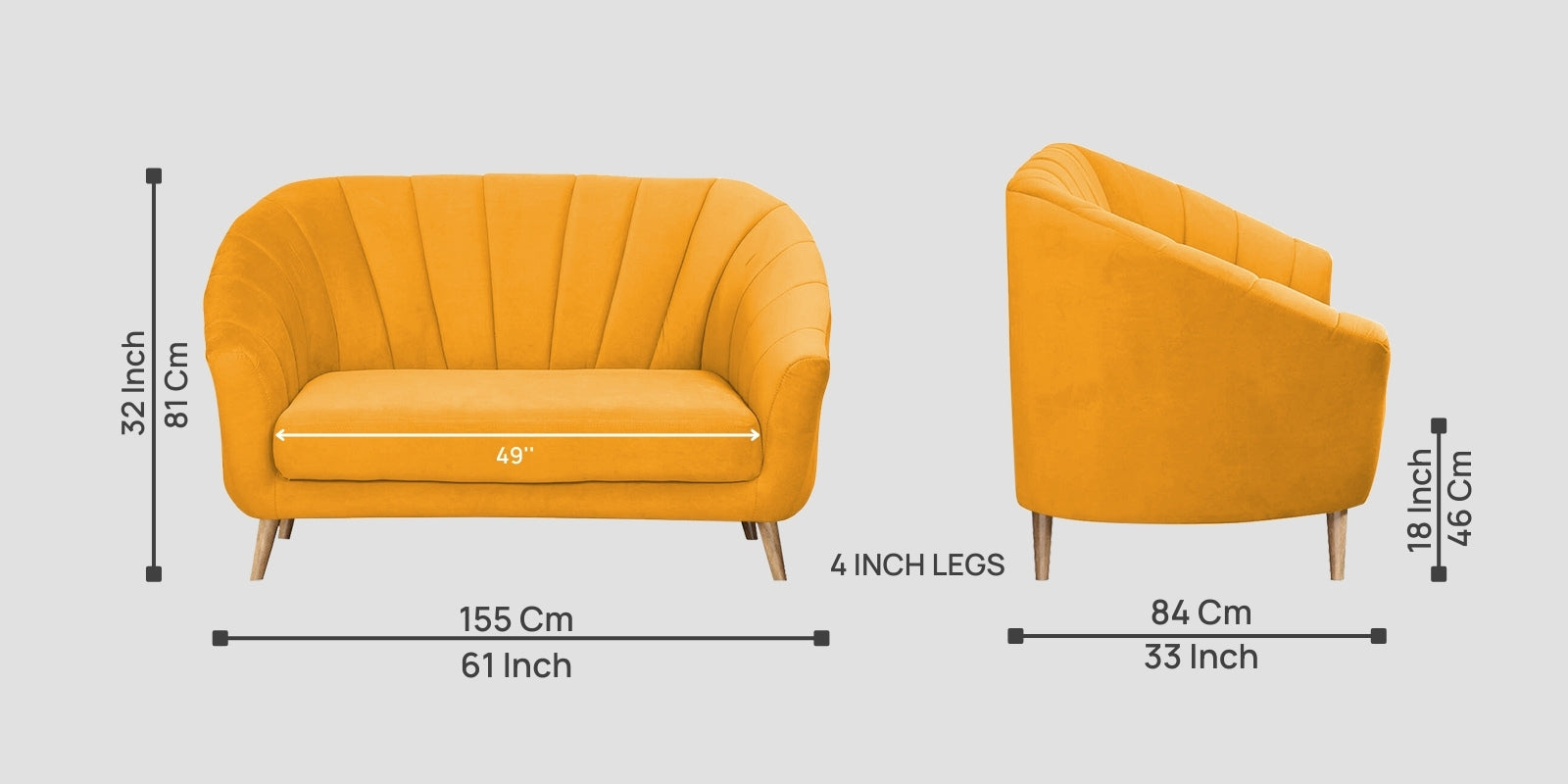 Kaylee Velvet 2 Seater Sofa In Safforn Yellow Colour - Febonic Living