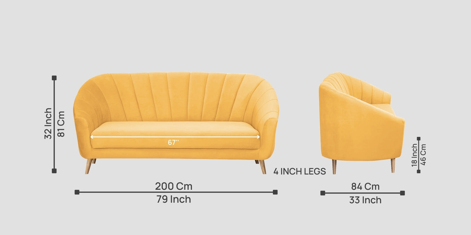 Kaylee Velvet 3 Seater Sofa In Turmeric yellow Colour - Febonic Living