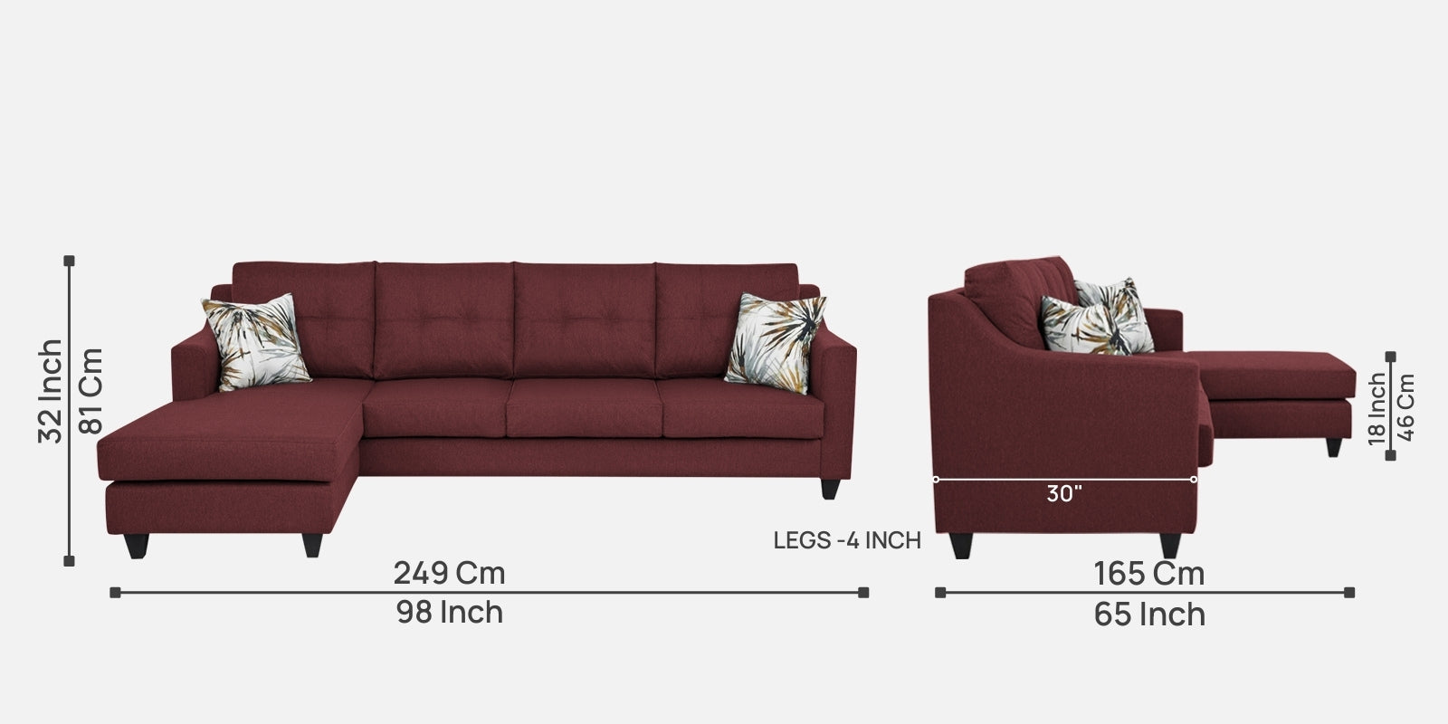 Welly Fabric Rhs Sectional Sofa 3 Lounger In Blaze Red Colour - Febonic Living