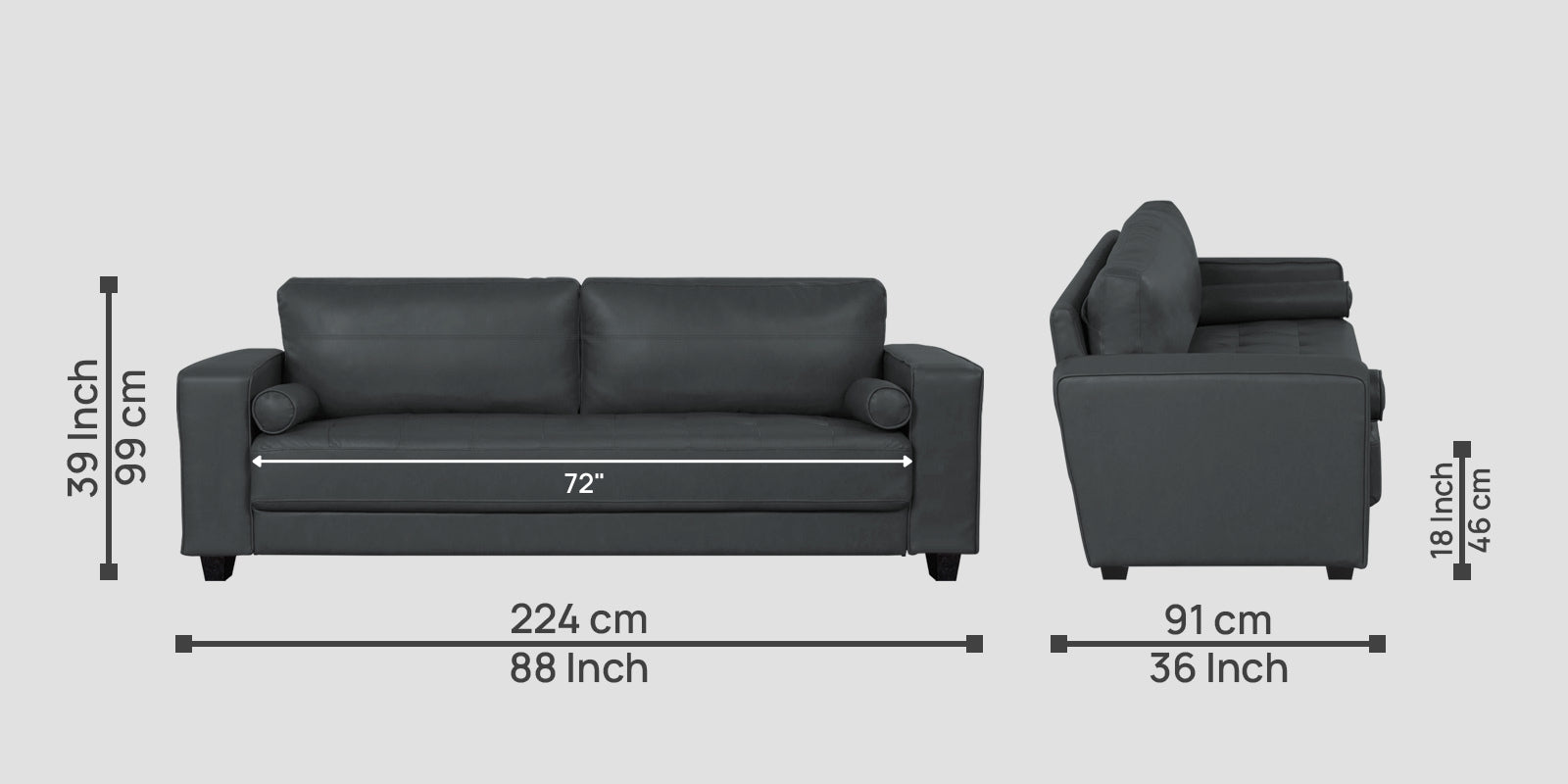 Darwin Leatherette 3 Seater Sofa In Pepper Grey Colour - Febonic Living