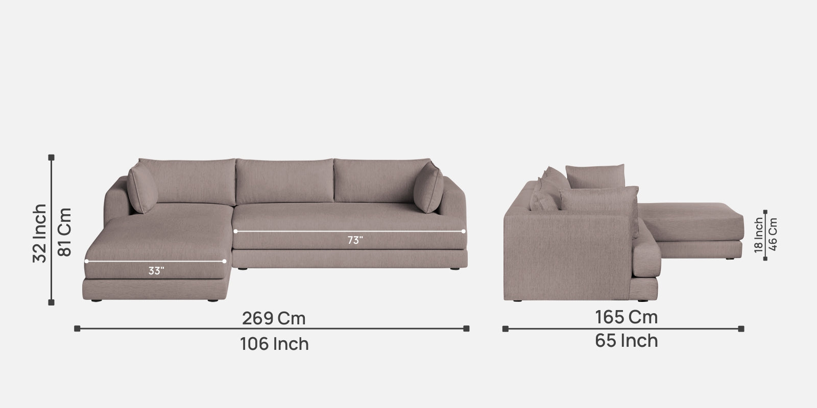 Ziggy Fabric RHS Sectional Sofa (3+Lounger) In Almond Beige Colour - Febonic Living