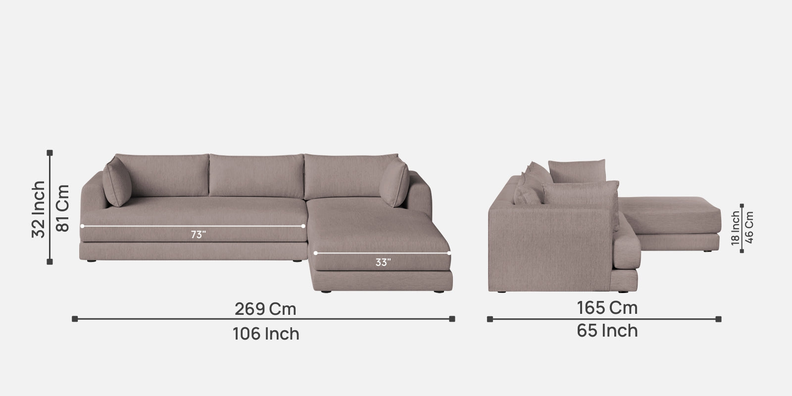 Ziggy Fabric LHS Sectional Sofa (3+Lounger) In Almond Beige Colour - Febonic Living
