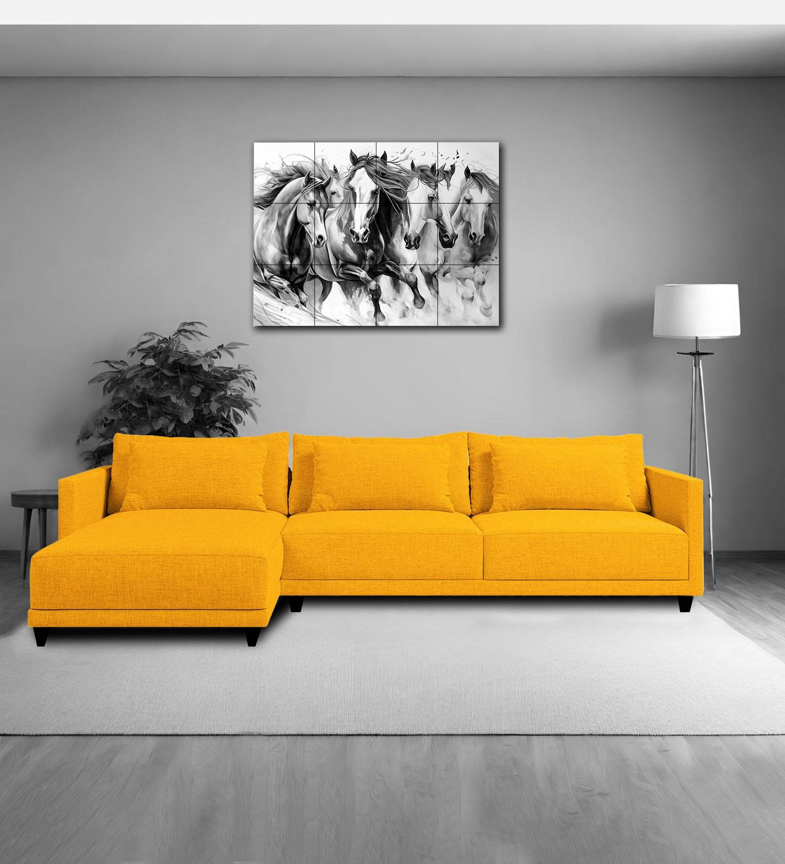 Kera Fabric RHS Sectional Sofa (3+Lounger) In Bold Yellow Colour - Febonic Living