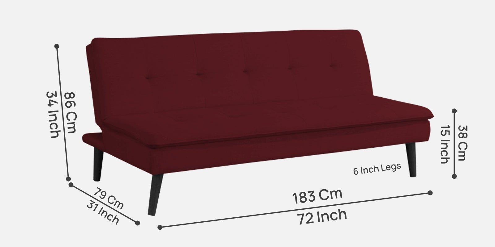 Toner Fabric 3 Seater Convertible Sofa Cum Bed In Blood Maroon Colour - Febonic Living