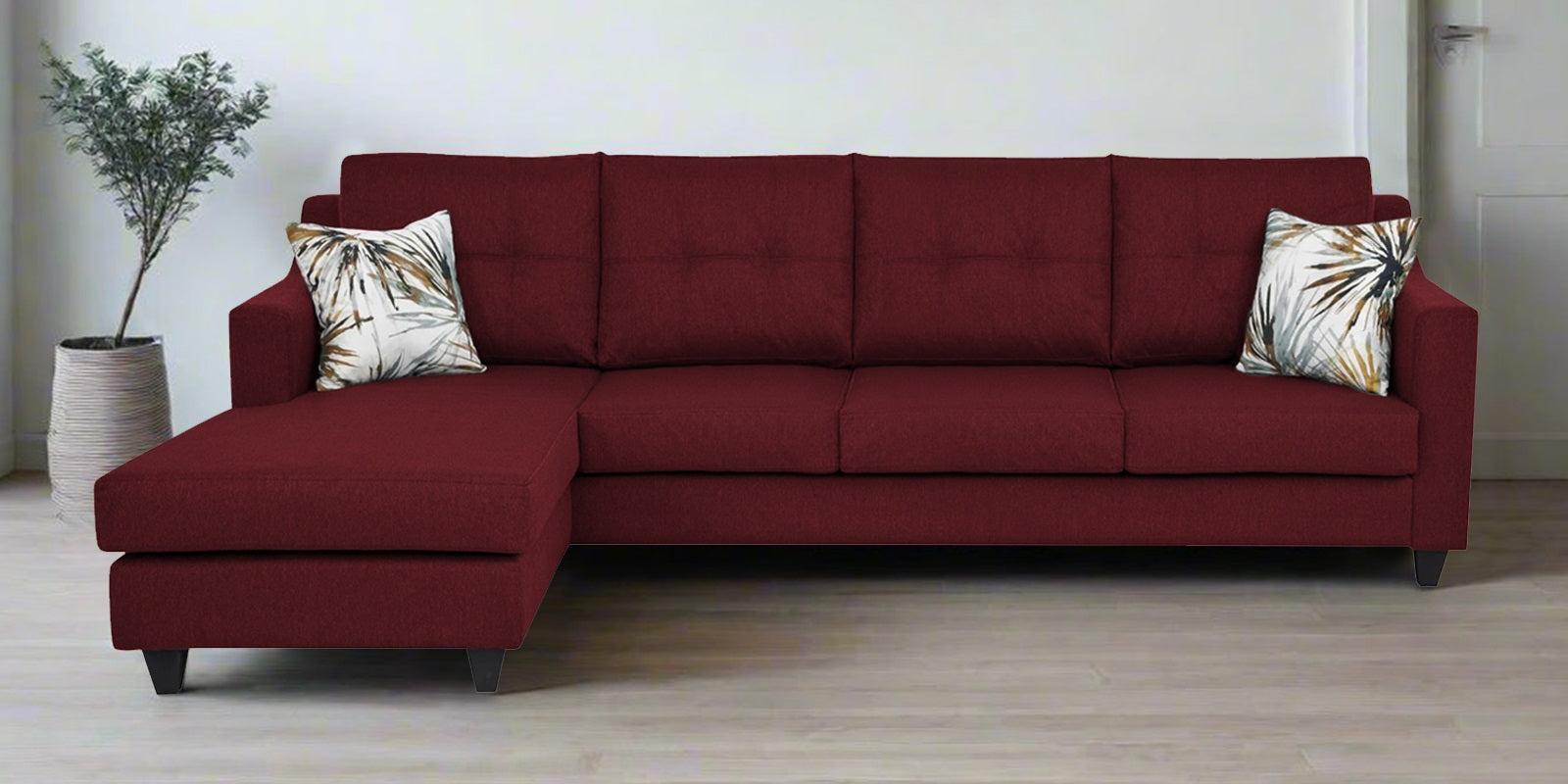 Welly Fabric RHS Sectional Sofa (3+Lounger) In Blood Maroon Colour - Febonic Living