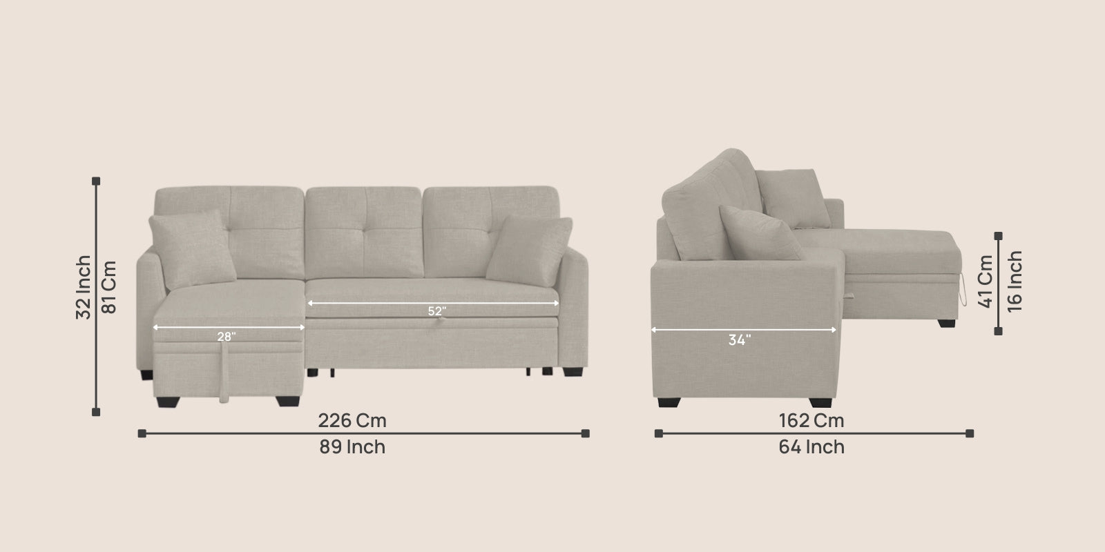 Jody Fabric 3 Seater Pull Out Sofa Cum Bed In Ash Grey Colour With Storage - Febonic Living