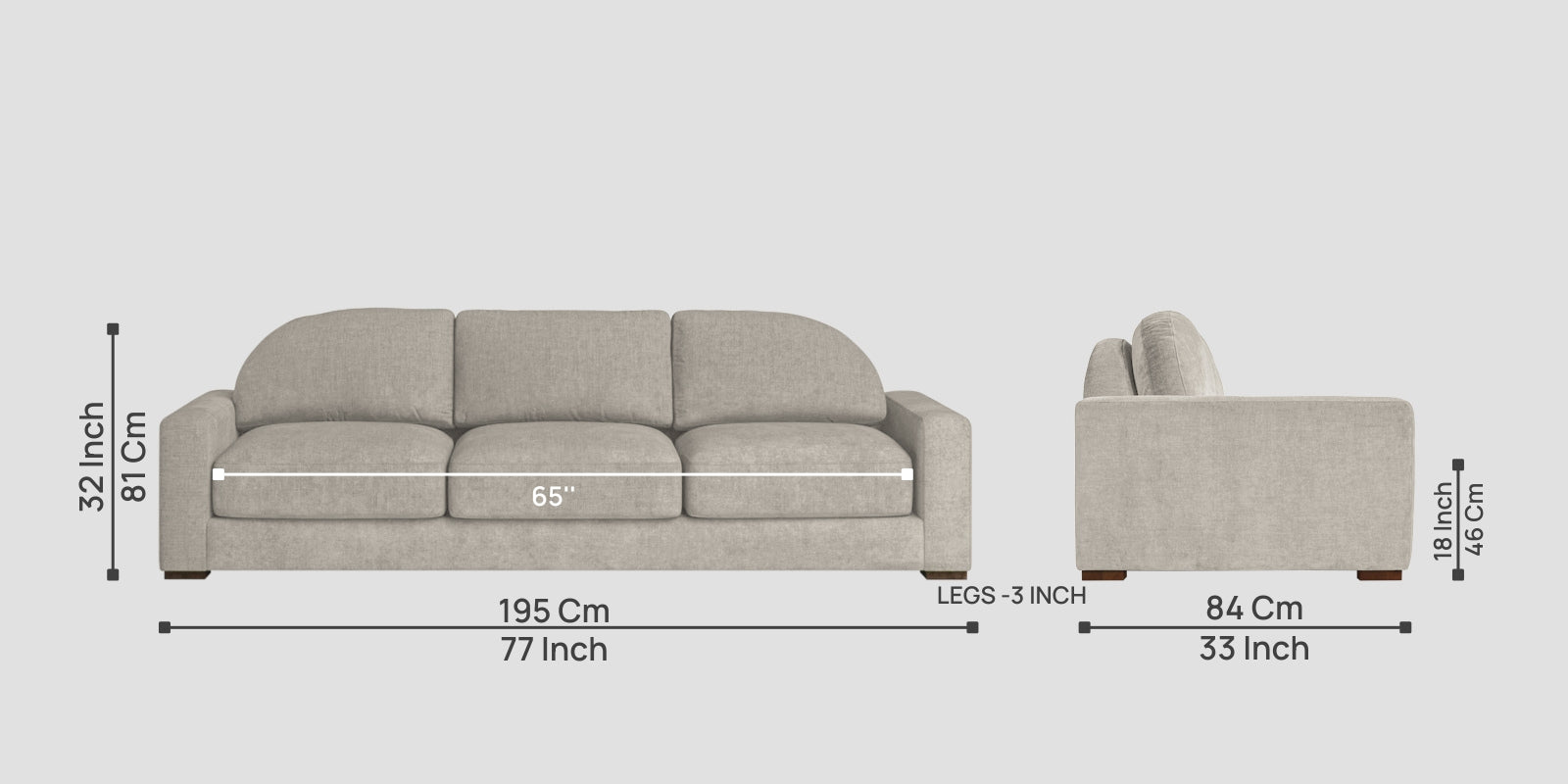 Dara Fabric 3 Seater Sofa In Ash Grey Colour - Febonic Living
