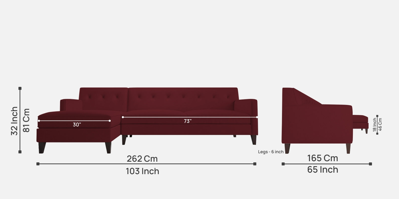 Miller Fabric RHS Sectional Sofa (3+Lounger) In Blood Maroon Colour - Febonic Living