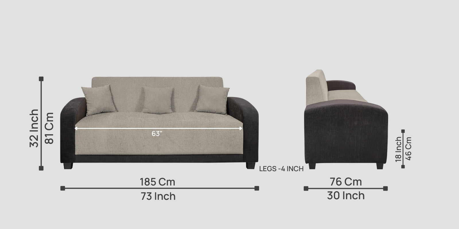 Alex Fabric 3 Seater Sofa In Ash Grey Colour