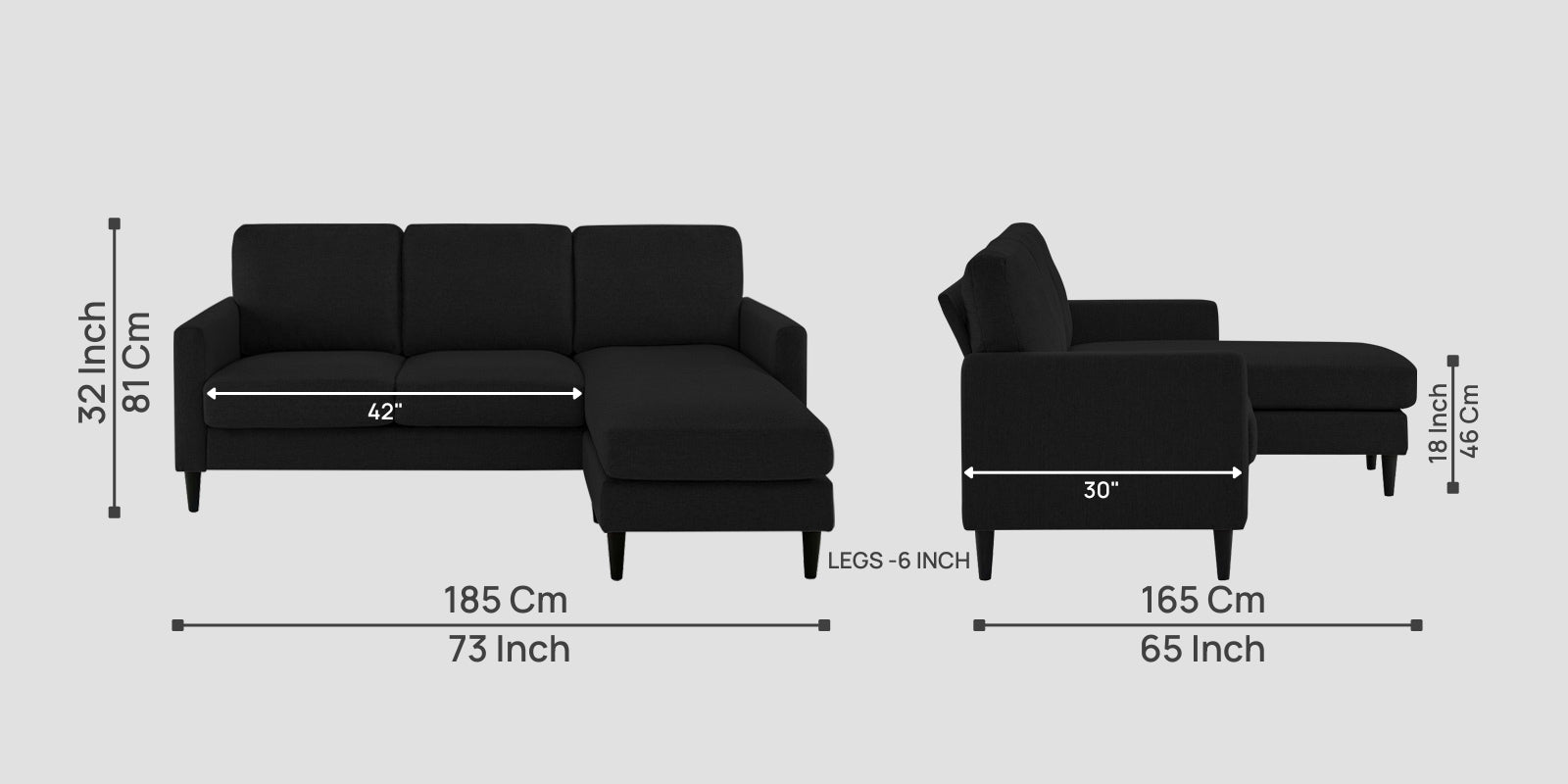 Romie Fabric LHS Sectional Sofa (2+Lounger) In Zed Black Colour - Febonic Living