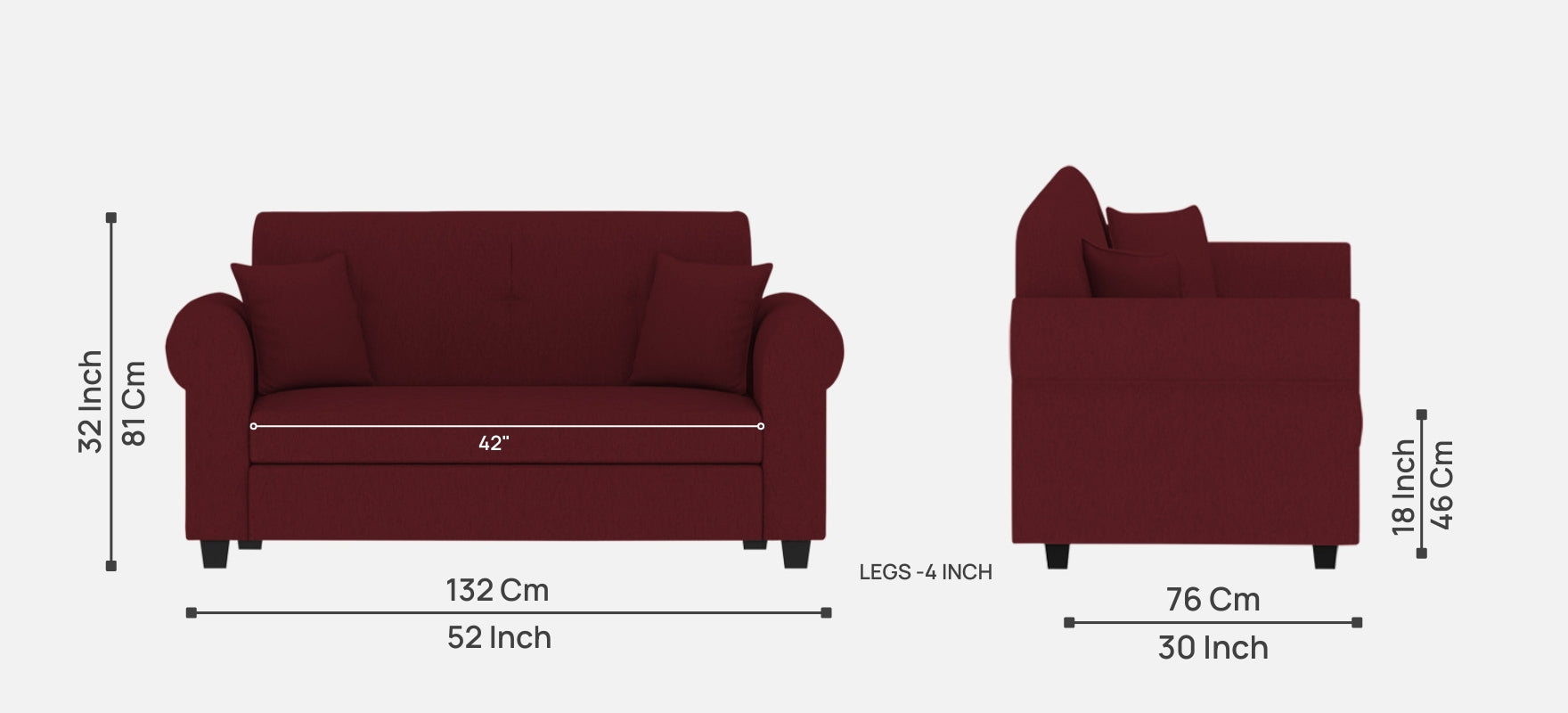 Derado Fabric 2 Seater Sofa In Blood Maroon Colour - Febonic Living