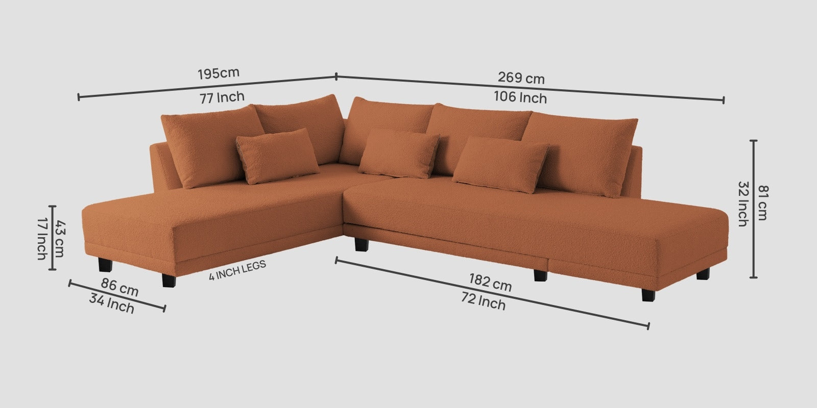 Ira Boucle Fabric RHS 6 Seater Convertible Sofa Cum Bed In Light Orange Colour - Febonic Living
