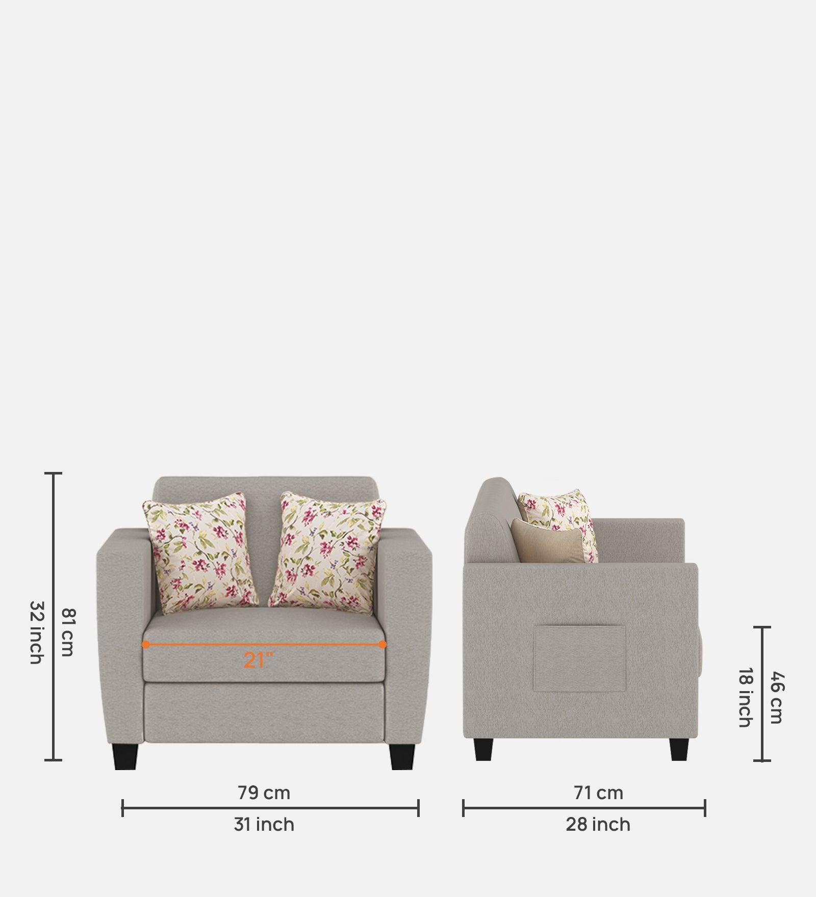 Gozi Fabric 1 Seater Sofa In Ash Grey Colour - Febonic Living