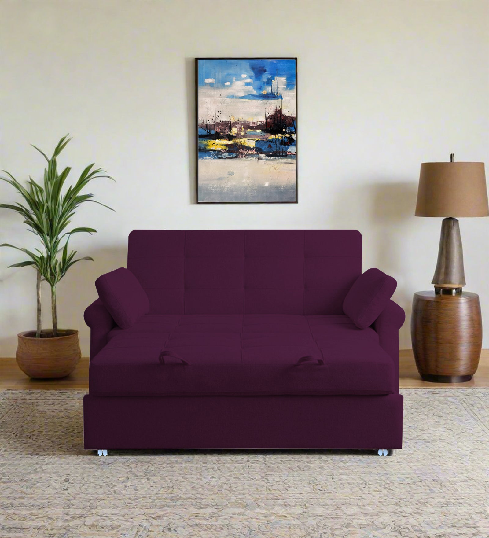 Fornia Fabric 2 Seater Pull Out Sofa Cum Bed In Greek Purple Colour - Febonic Living