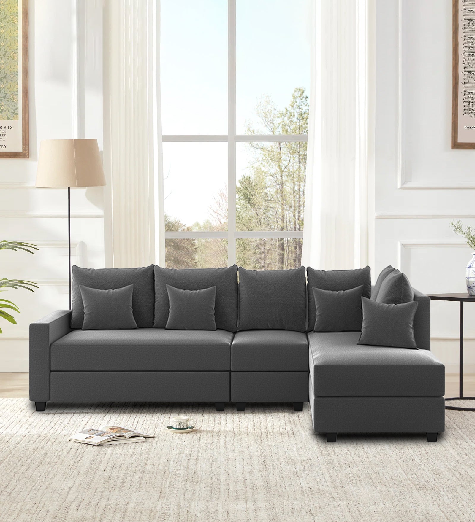 Ginny Fabric LHS Sectional Sofa (3+Lounger) In Charcoal Grey Colour - Febonic Living