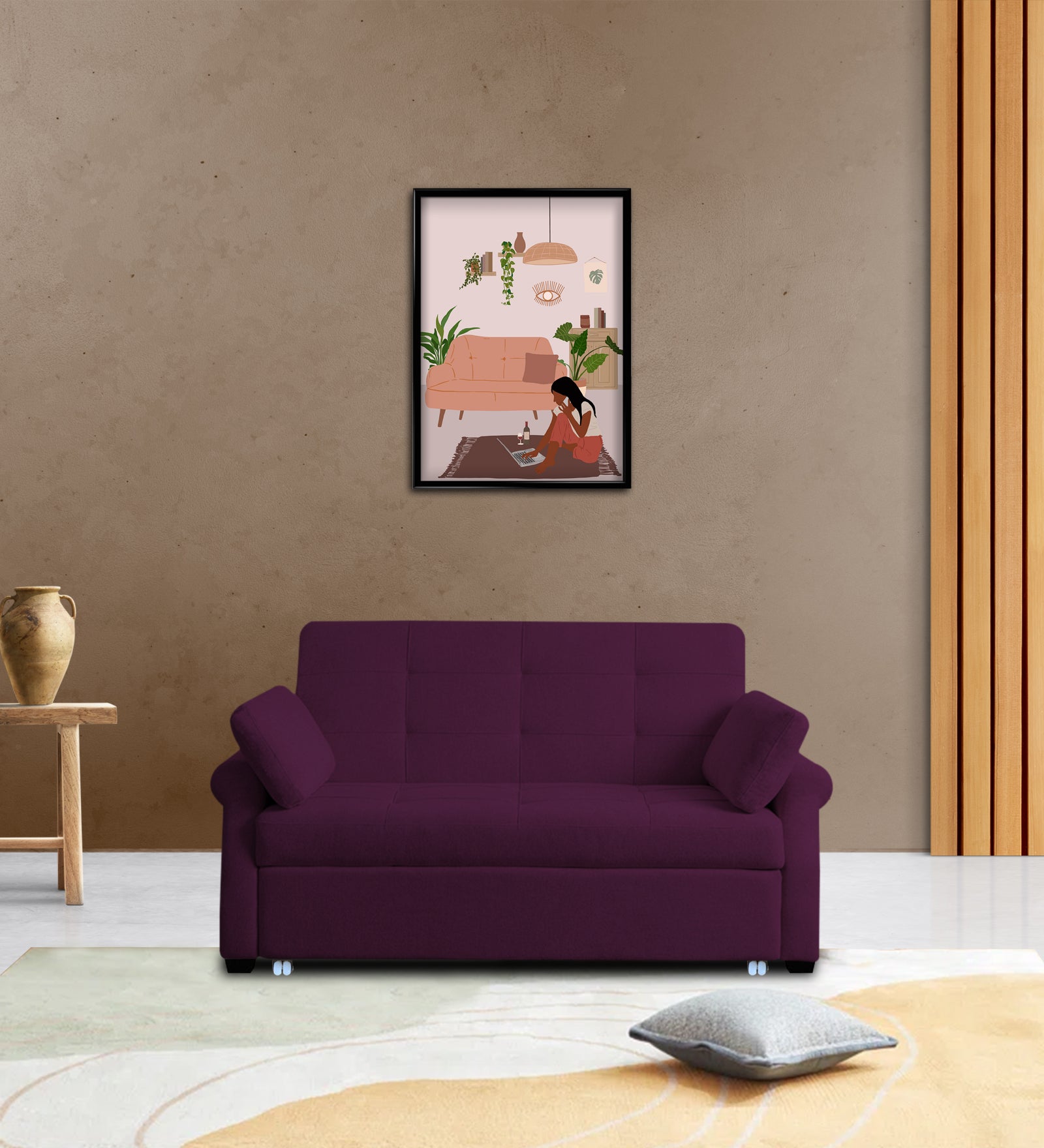 Fornia Fabric 3 Seater Pull Out Sofa Cum Bed In Greek Purple Colour - Febonic Living