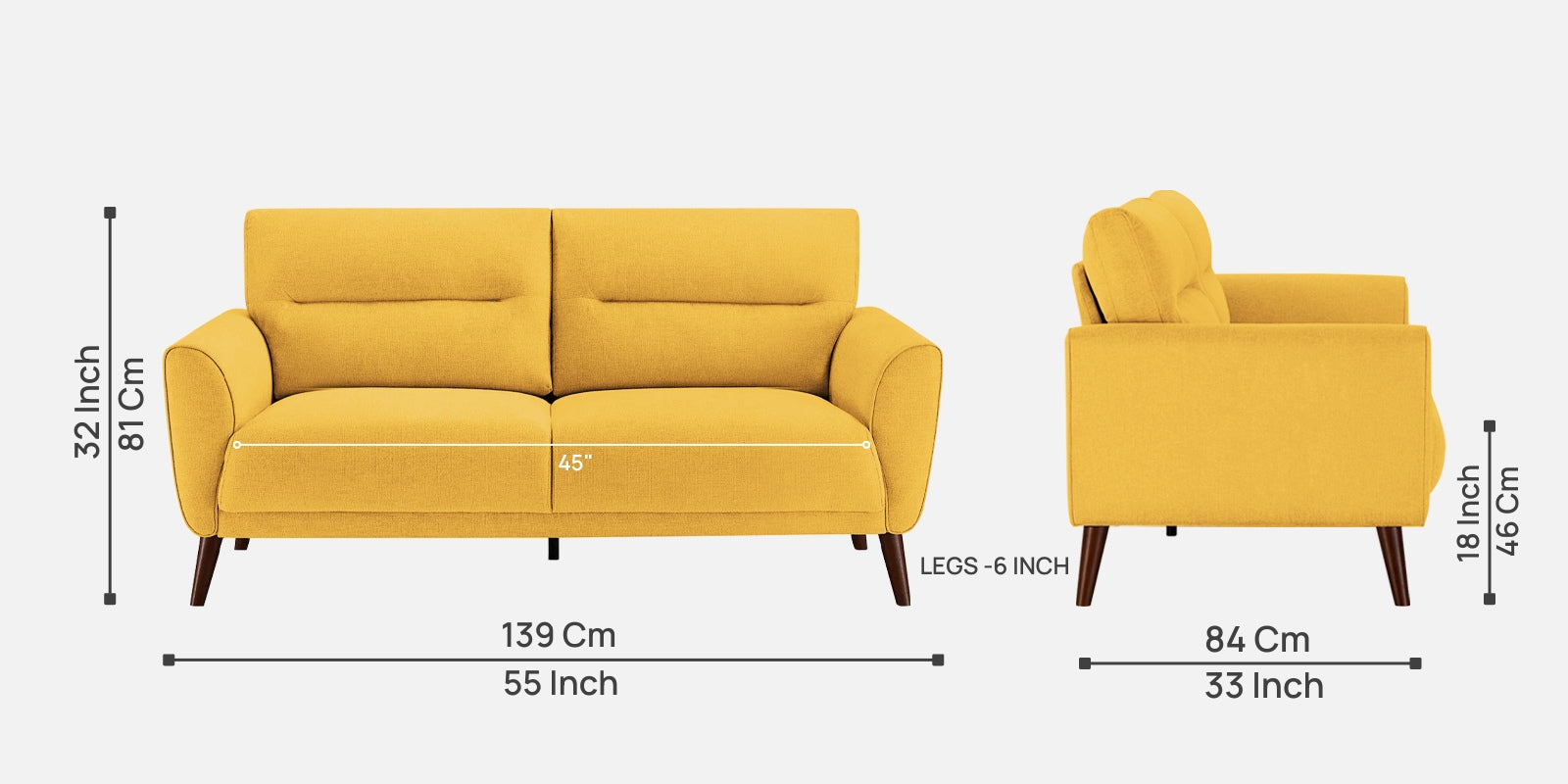 Castro Fabric 2 Seater Sofa In Bold Yellow Colour - Febonic Living