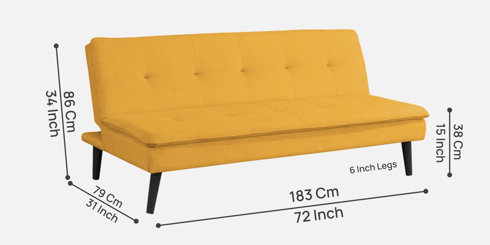 Toner Fabric 3 Seater Convertible Sofa Cum Bed In Bold Yellow Colour - Febonic Living