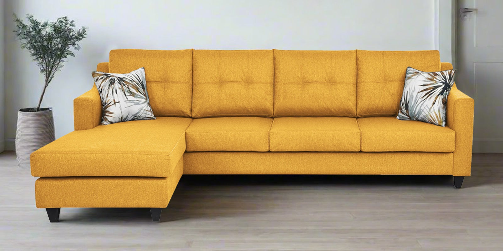Welly Fabric RHS Sectional Sofa (3+Lounger) In Bold Yellow Colour - Febonic Living