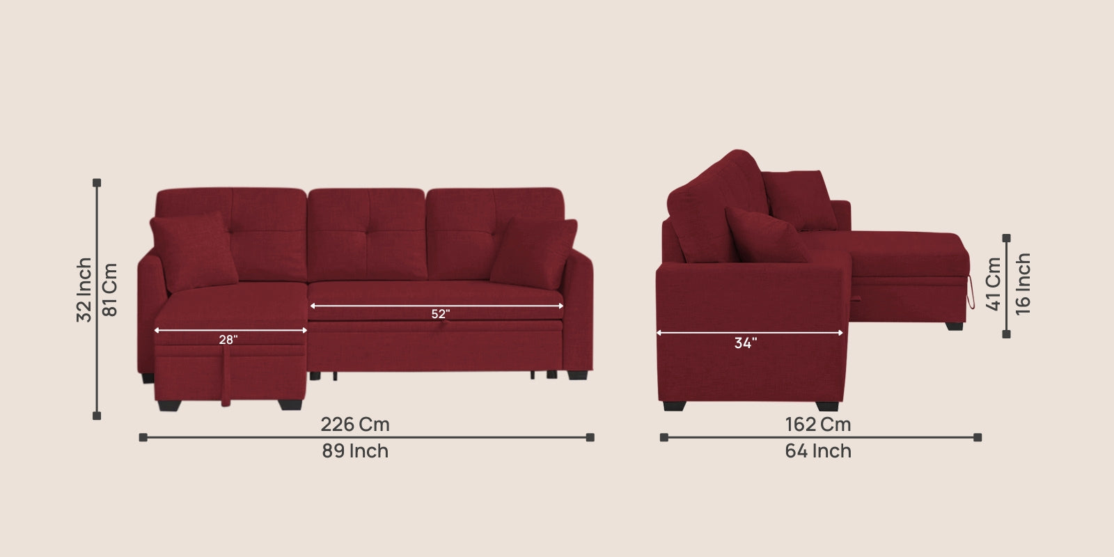 Jody Fabric 3 Seater Pull Out Sofa Cum Bed In Blood Maroon Colour With Storage - Febonic Living