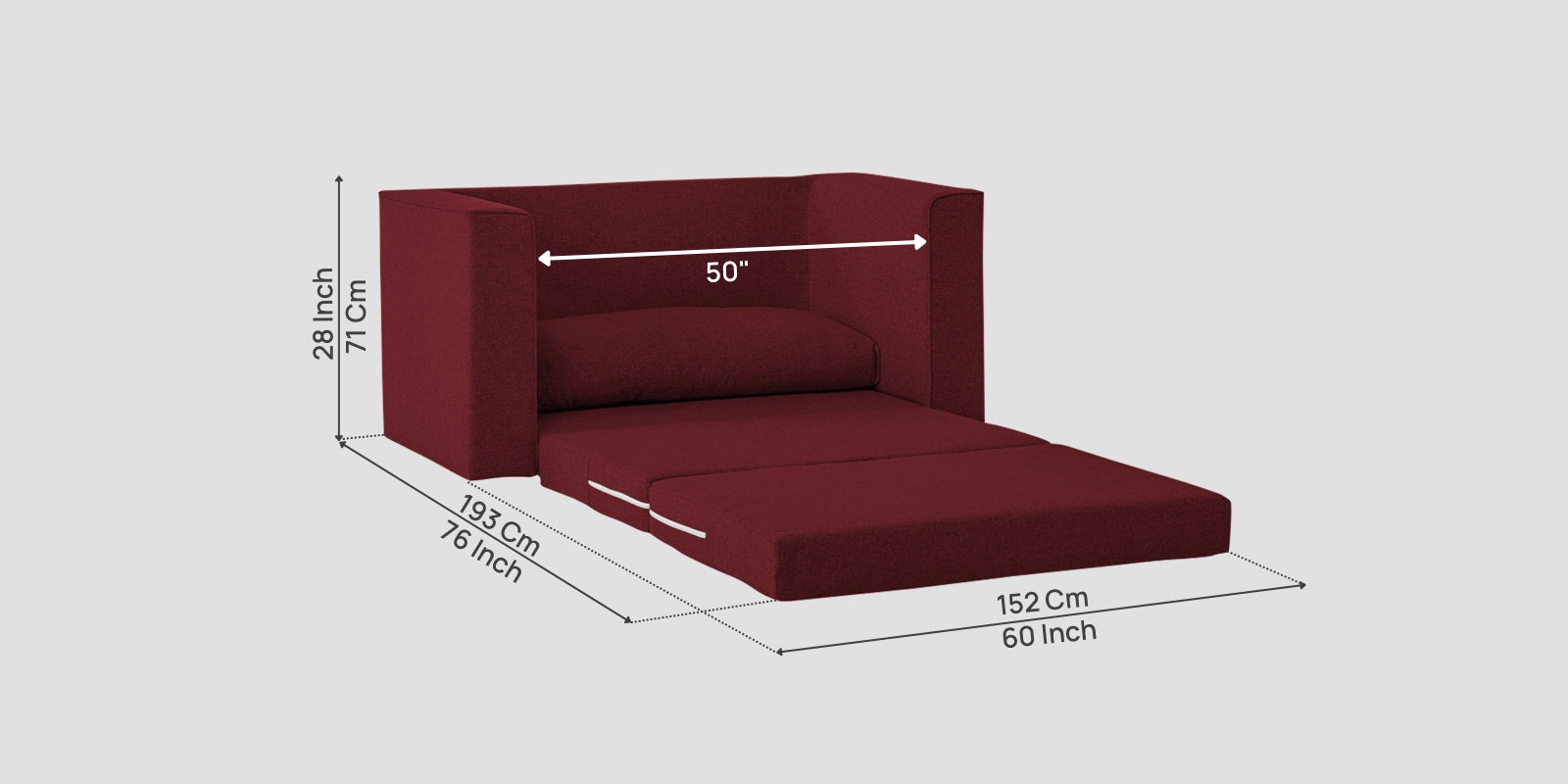 Kenia Fabric 2 Seater Foldable Sofa Cum Bed In Blood Maroon Colour - Febonic Living
